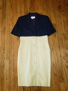 VTG Oberon Linen Button Down Dress in Soft Yellow & Navy Size: 8